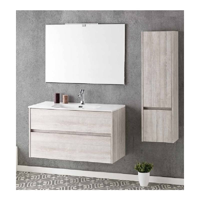 Conjunto Decoline uñero con lavabo integrado y espejo rectangular.