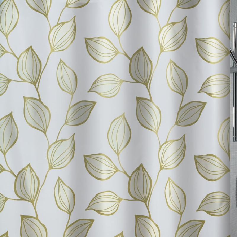 Cortina baño textil hojas verde oro