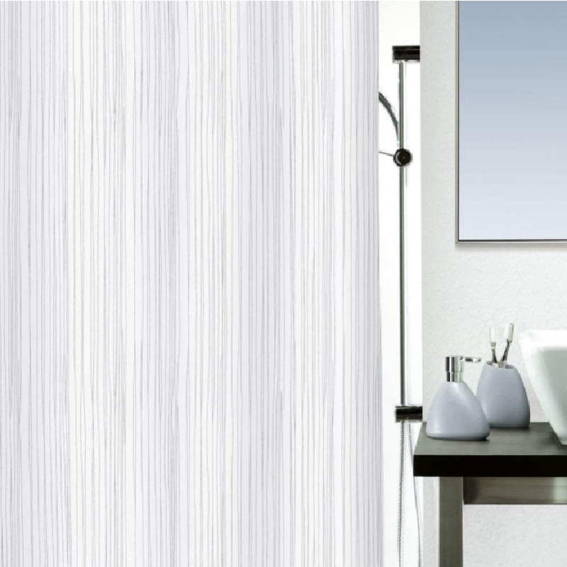 Cortina baño textil blanco rayas gris.