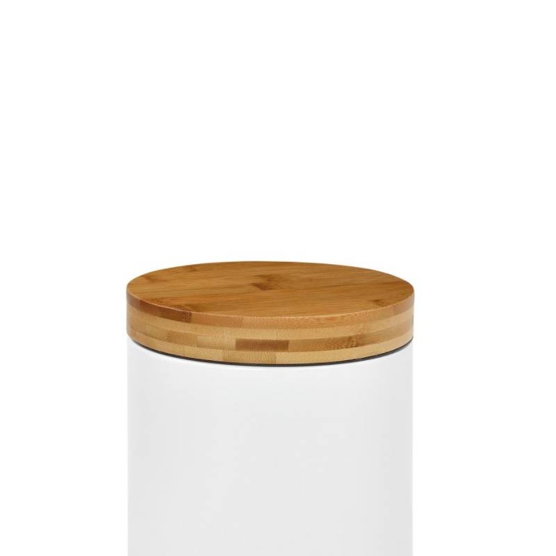 Papelera de baño redonda blanco mate/ madera bambú.