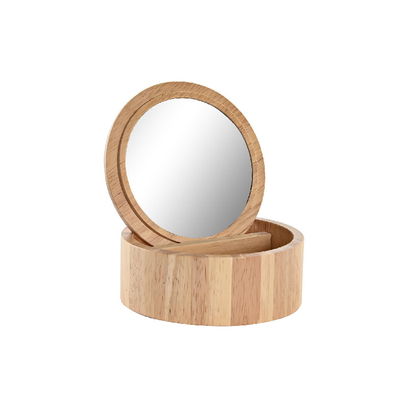 Joyero madera circular con tapa de espejo.