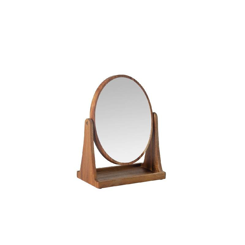 Espejo de aumento 2X madera acacia con bandeja porta joyas redondo.