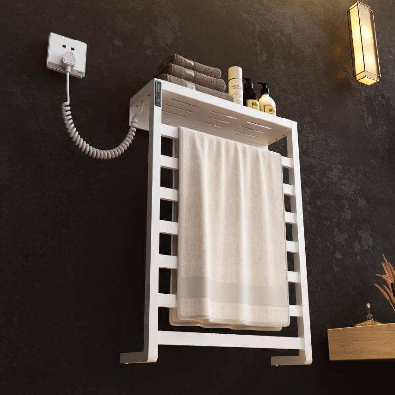 Seca toallas eléctrico blanco mate con repisa.