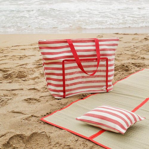 BOLSA DE PISCINA O PLAYA CON COJIN Y ESTERILLA RAYAS ROJAS
