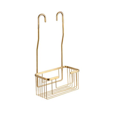 Cesta porta geles jabonera rectangular oro para colgar en grifo.