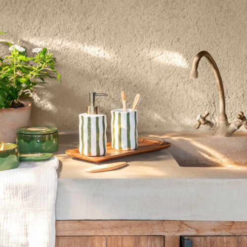 Dispensador ceramica blanco rayas verde